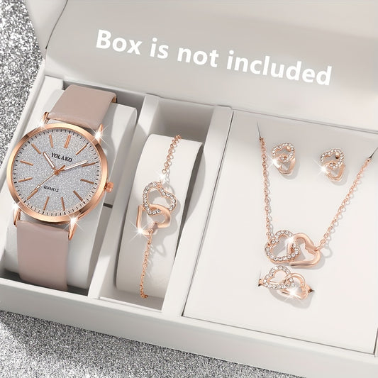 Minimalist and Elegant 6pcs Women's Quartz Watch Round Alloy Case, Simple Dial, Unique Heart Shaped Jewelry Set - Perfect Gift for Any Occasion, Elegant Accessory for Work, Ideal Choice for Halloween Gifts, Thanksgiving Gifts - Ayq