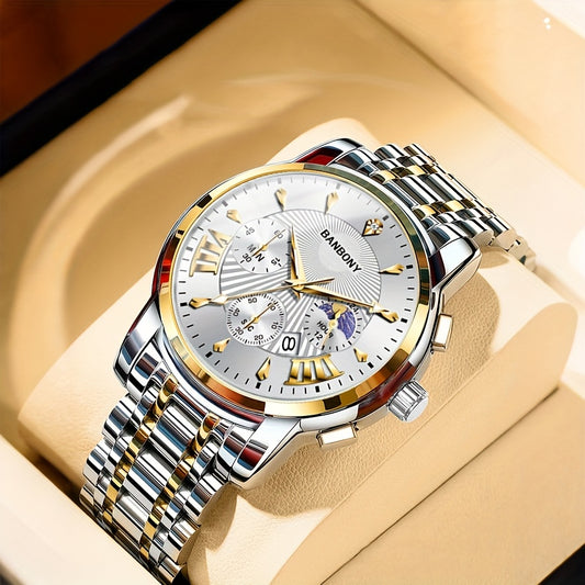 BANBONY Automatic Quartz Watch for Men & Women - Stainless Steel Strap, Blue & Golden HD Large Dial, IPX7 Waterproof, Rhinestone Accents, Date Calendar, Luminous Hands - Casual Fashion Unisex Watch for Birthday Holiday Gifts,