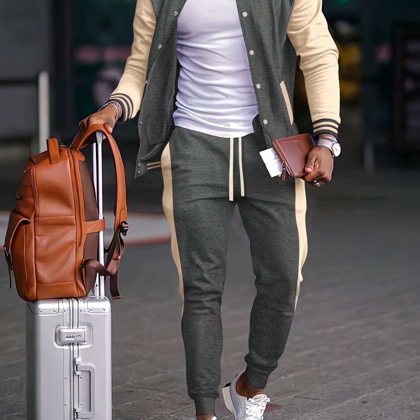 Տղամարդու ամենօրյա բեյսբոլի օձիքով բաճկոնի և տաբատի հավաքածու, գունային բլոկներով երկար թևքերով սվիտեր և սպորտային տաբատ, պոլիեսթերից հյուսված կոստյում կոճակներով, գարուն/աշուն հավաքածու