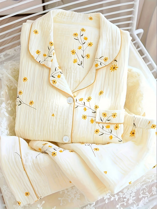 Աշնանային և ձմեռային քաղցր ծաղկային նախշերով տեքստուրային պիժամայի հավաքածու, երկար թևքերով, կոճակներով, օձիքով վերնաշապիկ և առաձգական տաբատ, կանացի գիշերային և տնային հագուստ