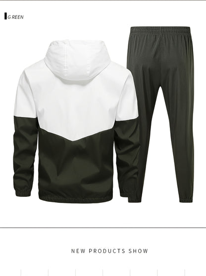 Տղամարդկանց գարուն-աշուն բացօթյա սպորտաձևերի մարզումների համար նախատեսված ամենօրյա գունային բլոկներով կարված վերնաշապիկով, կարգավորվող հավաքածու՝ տնային վերնաշապիկով և տաբատով, նորաձև քամուց պաշտպանող բաճկոնով, տաբատով, երկկտոր կոստյումով