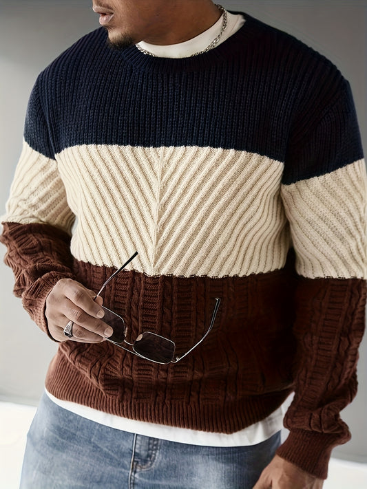 Men's Autumn and Winter Trendy Outfit, Fashion Casual Color Block Knit Pullover Sweater with Multi-Texture Round Neck Long-Sleeve Design
