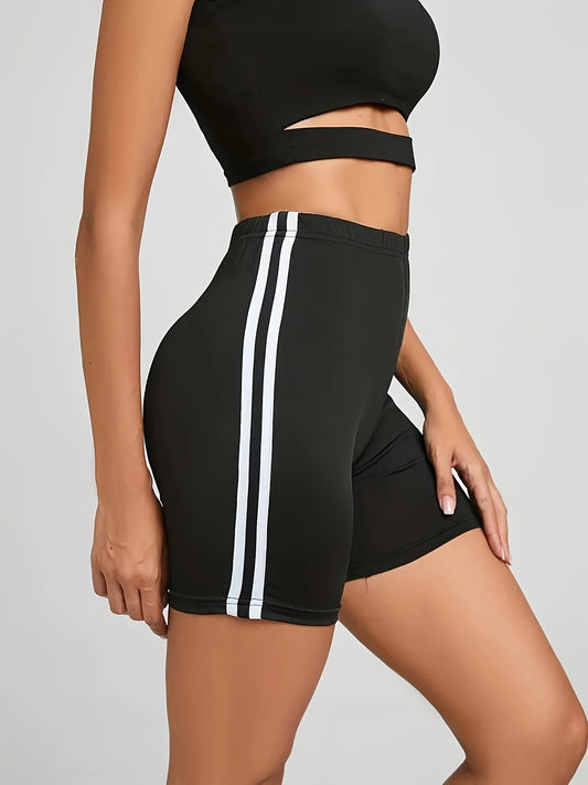 [Ամենօրյա բազմակողմանիություն] Կանացի բարձր գոտկատեղով նիհար շորտեր, ամենօրյա ոճ, միաձույլ գույն՝ սպիտակ գծավոր դետալներով, պոլիեսթեր 95% էլաստան 5%, միջին ձգվող գործվածք, ամբողջ սեզոնային գործվածք, բազմակողմանի հագուստ | Բարձր գոտկատեղով շորտեր | Սպ