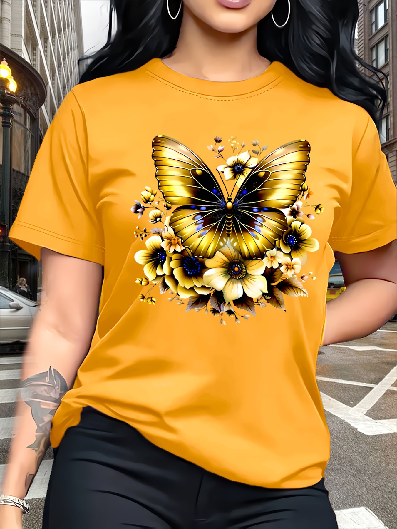 Circle Chic թիթեռի նախշերով շապիկ - նրբագեղ դիզայն, կլոր վզնոցով ամենօրյա վերնաշապիկ - շնչող և թեթև, իդեալական է գարուն/ամառ զգեստապահարանի համար