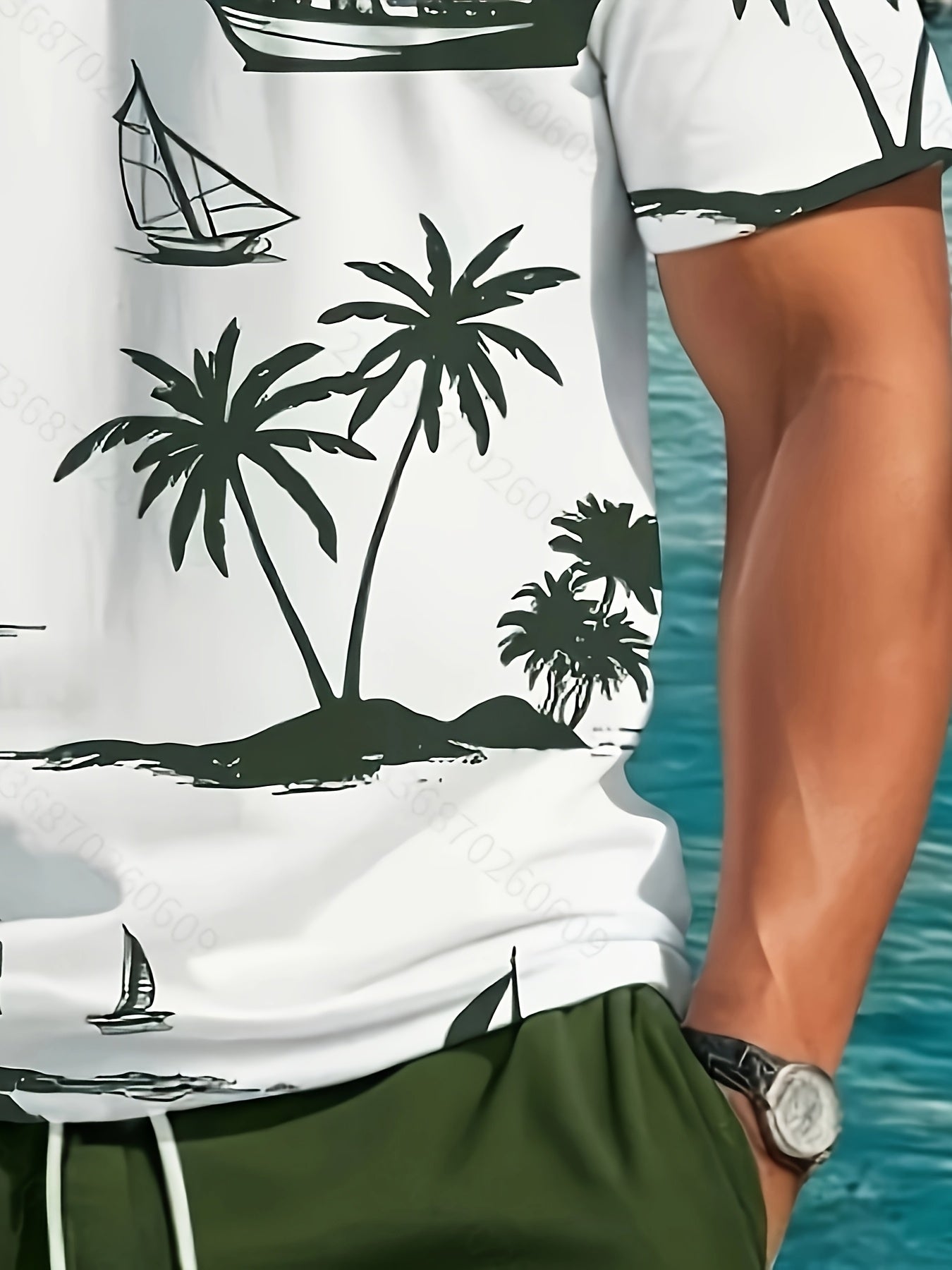 A set of 2 stylish Men's palm tree pattern summer fresh T-shirts and shorts, micro-stretch polyester knit fabric with a fitted fit, suitable for outdoor activities and family gatherings.