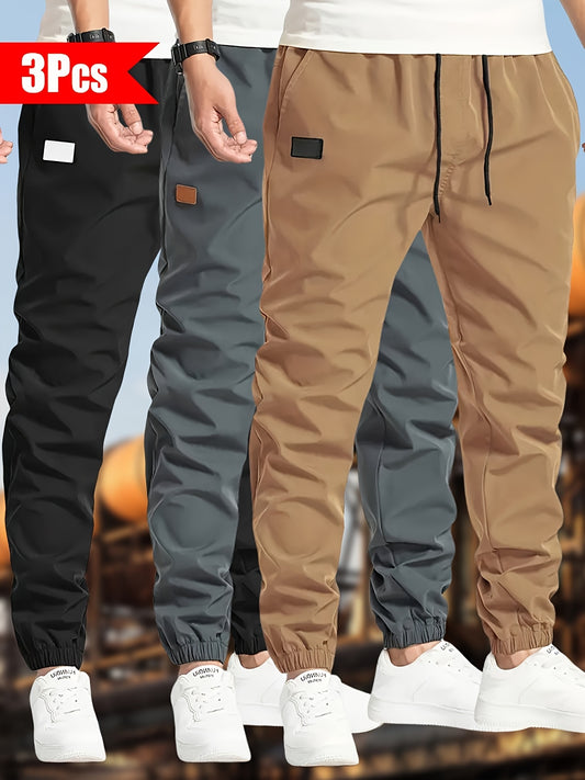 3pcs Men's Solid Color Drawstring Joggers - Casual Cargo Cropped Pants, Polyester, Machine Washable, in Black, Dark Gray, Olive Green with Patch Detail