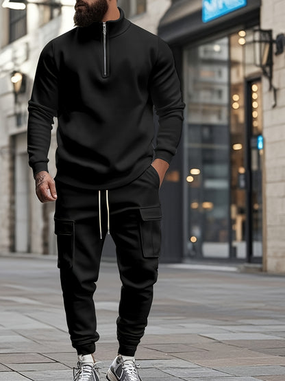 Բազմակողմանի համույթ, տղամարդկանց համար նախատեսված առօրյա 2 հատանոց հավաքածու. Բարձր վզնոցով ծանր, կայծակաճարմանդով սվիտեր և գրպաններով աշխատանքային տաբատ՝ միագույն, փափուկ գործվածքից՝ աշուն/ձմեռ համար