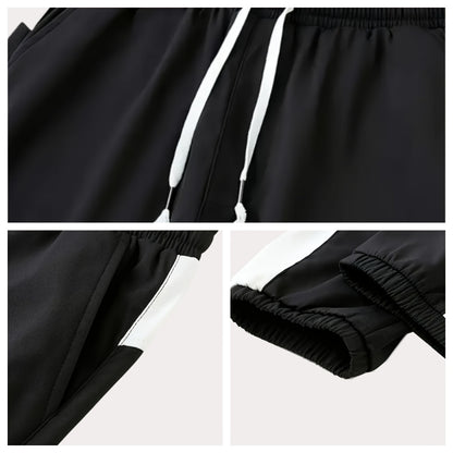 Գարնան և աշնան համար նախատեսված սպորտային հագուստի համալիր, որը ներառում է կանգնած օձիքով և սև ու սպիտակ գծավոր երկար տաբատով ճարմանդով բաճկոն, ոճային հանդերձանք, որը հիանալի նվեր է, քրտինքից պաշտպանված, միայն ձեռքով լվանալ, մարզումների համար աքսեսուար: