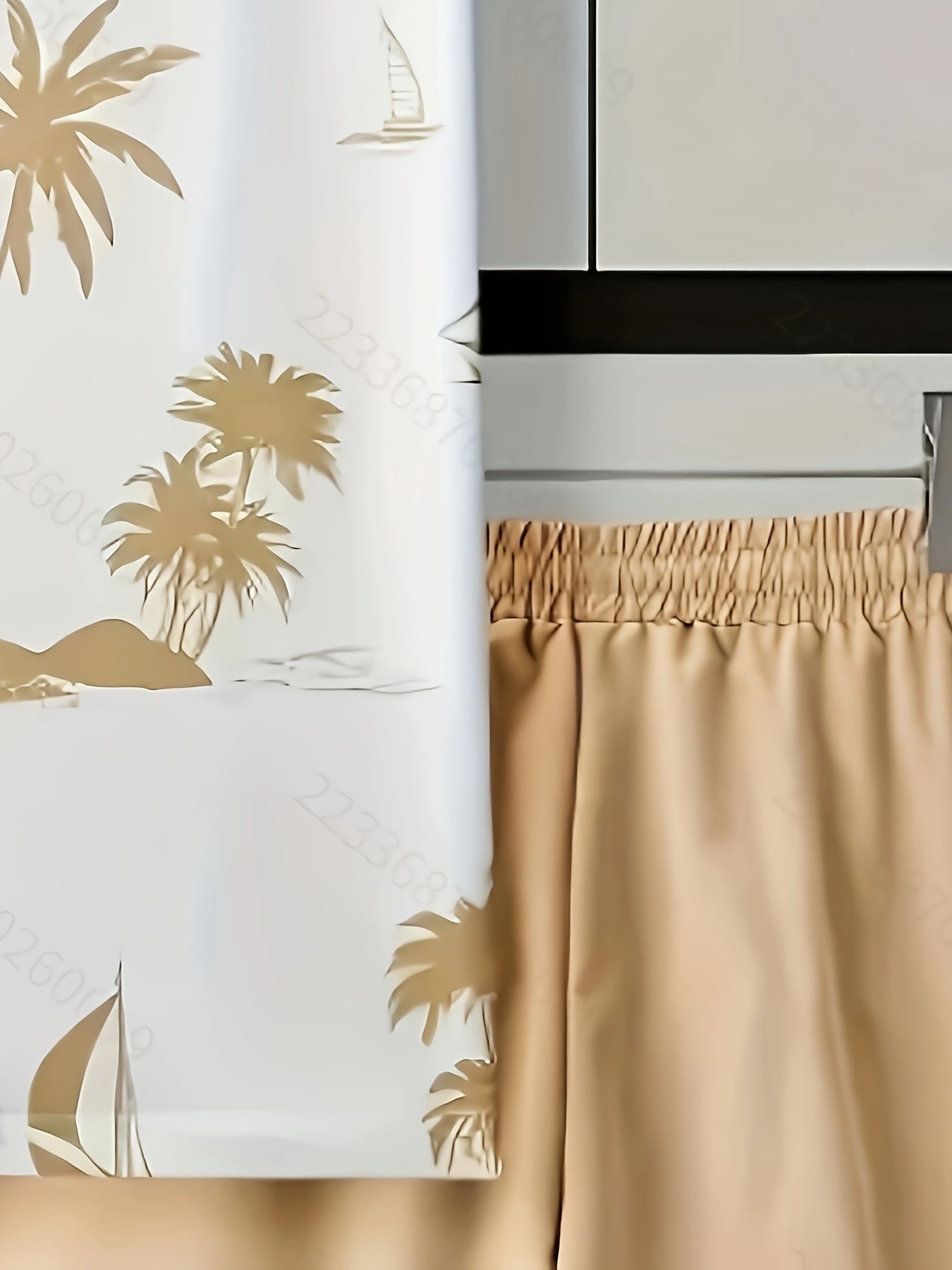 A set of 2 stylish Men's palm tree pattern summer fresh T-shirts and shorts, micro-stretch polyester knit fabric with a fitted fit, suitable for outdoor activities and family gatherings.