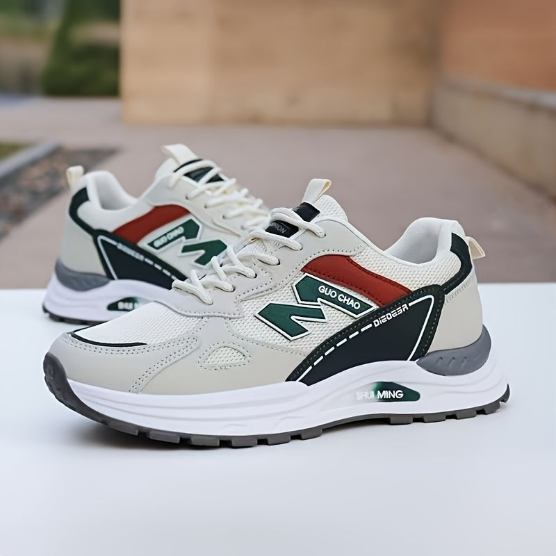 Տղամարդկանց շնչող ցանցե վազքի սպորտային կոշիկներ՝ ամուր, հակասահք, հոտակայուն, ռետինե ներբանով, գարնանային աշնան համար նախատեսված, ցածր, կապիչով դիզայնով, սպիտակ, սև և կանաչ գույներով։