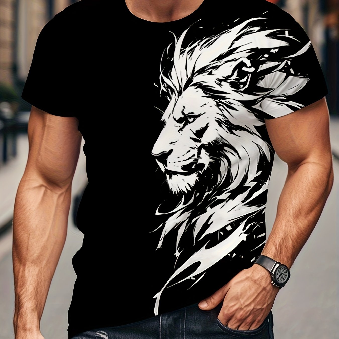 Նոր Առյուծի 3D Տպագրության Նախշ, Կարճ Թևքերով Կլոր Վզիկով Շապիկ, Տղամարդկանց Արտաքին Հագուստ