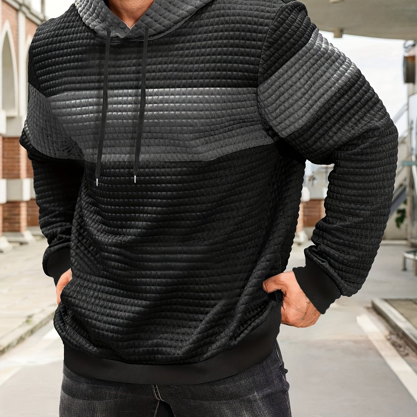 Նորաձև գլխարկով սվիտեր | Տղամարդու առօրյա սվիտեր թեթևակի ձգվող գործվածքից, երկար թևքերով, գրպանային դետալներով, միագույն նախշերով՝ գարուն/աշուն