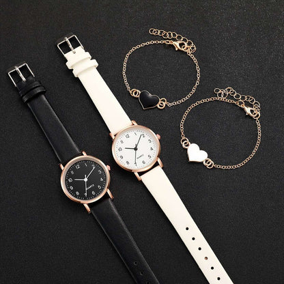 4pcs/set Elegant Women'S Quartz Watch and Heart Charm Bracelet Combo, Simple Fashion Analog Dial, Alloy Case, Faux Leather Strap, Round Shape - Battery Operated (Boxes Not Included) - Ayq