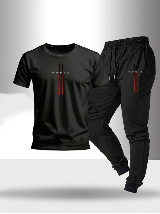 2 հատանոց հավաքածու, տղամարդու նորաձև և նորաձև տնային հանգստի կոստյում, դասական կլոր օձիքով մարզաշապիկ, լարերով տաբատ։