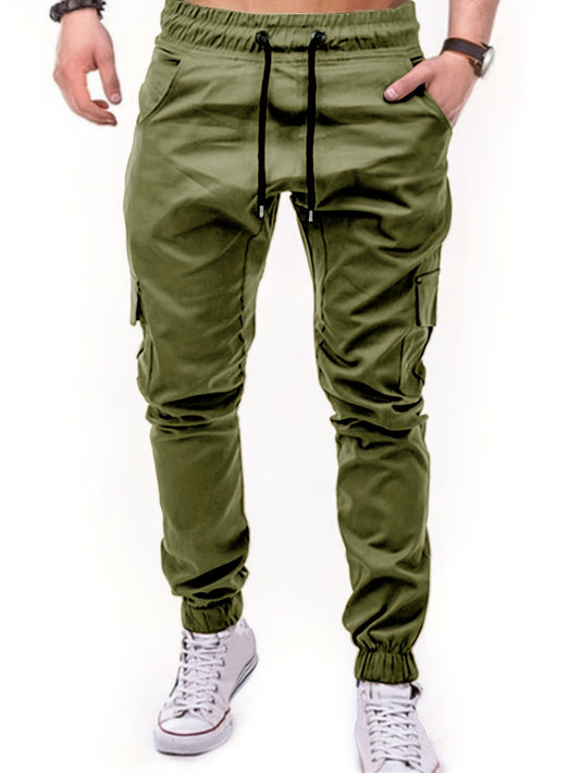 Men's Solid Color Cargo Pants With Drawstring, Regular Fit Comfy Pants For Outdoor Activity