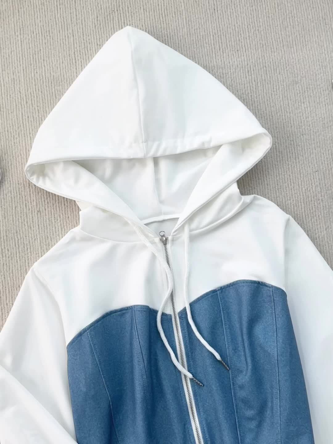 Women'S Stylish Two-Piece Set - Blue & Black Zip-Up Hoodie with Pockets, Long Sleeve Crop Top, and Wide-Leg Pants, Perfect for Spring/Fall, Casual Elegance, Casual Attire|Modern Casualwear|Zippered Hoodie