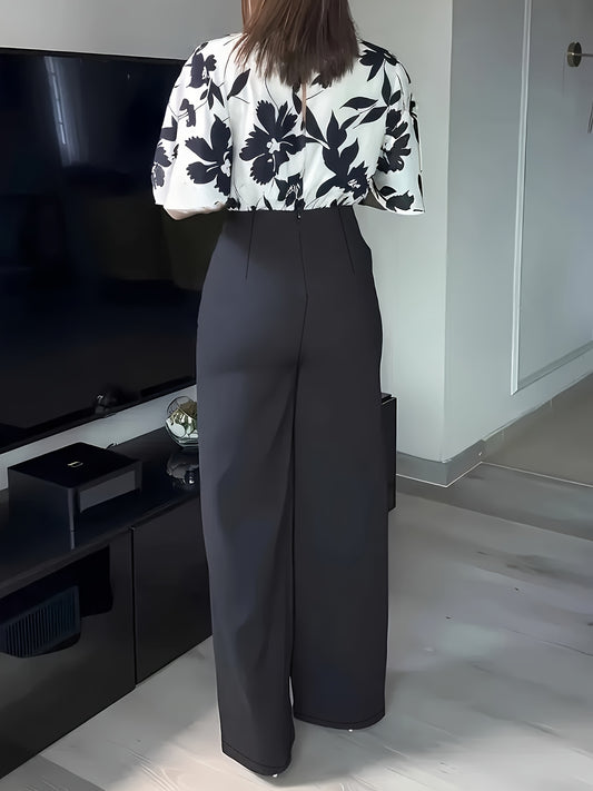 Կանացի էլեգանտ տպագիր կարճ թևքերով կլոր վզնոցով վերնաշապիկի և երկար տաբատի հավաքածու