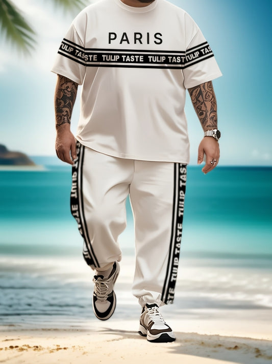 Սև և սպիտակ գծավոր քաղաքային ոճի մեծ չափսի տղամարդու կարճ թևքերով մարզաշապիկ և տաբատ՝ կլոր վզով, սև և սպիտակ եռաչափ գծավոր խառը նախշերով, պարզ, Փարիզյան տառերով փողոցային մշակույթի կարճ թևքերով մարզաշապիկ՝ քաղաքային գծավոր տառերով նախշերով, գեղեցիկ