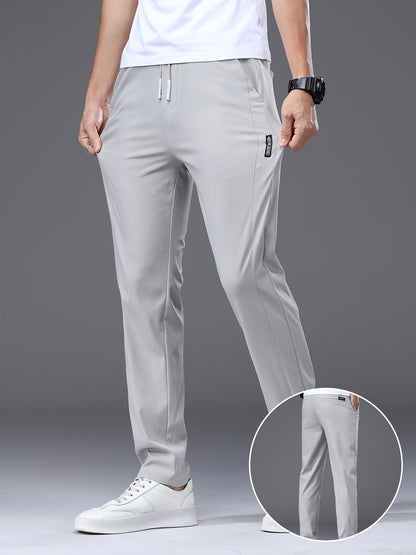 Men's Slim Fit Casual Drawstring Sports Pants, Summer Lightweight Trendy Elastic Quick-Dry Long Trousers, Stylish Comfortable Leisure Wear