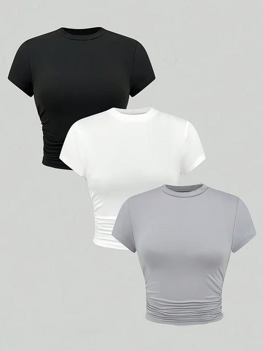 Girls' 3pcs Slim Fit Short Sleeve T-Shirts - Casual Round Neck, Stretchy Polyester, Machine Washable - Perfect for Spring/Summer/Fall - ayq