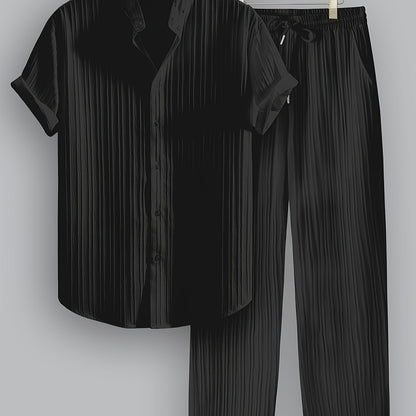 2-Piece Men's Summer Striped Polyester Suit, Short Sleeve Stand Collar Shirt and Drawstring Pants, Non-Stretch Fabric, Suitable for Casual Wear and Beach Vacation, Solid Color