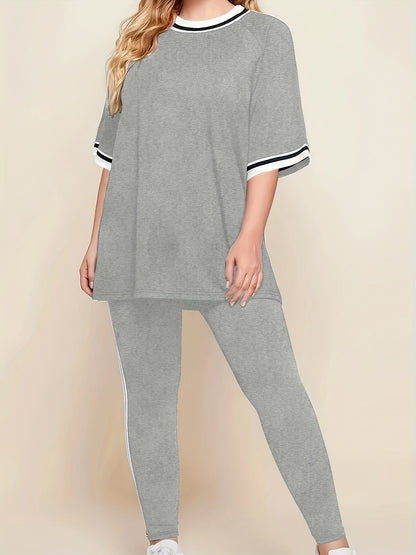 Կանացի մեծ չափսի առօրյա հանգստի հավաքածու - մոխրագույն և սպիտակ գծավոր մեծ չափսի մարզաշապիկ համապատասխան մարզաշապիկով, հարմարավետ բոլոր եղանակների տնային հագուստ, մարզաշապիկներ կանանց համար