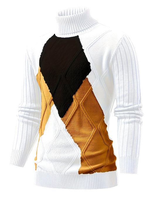 Men'S New Color-Blocked High-Neck Long-Sleeve Retro College-Style Knitted Base Layer for Casual Autumn And Winter