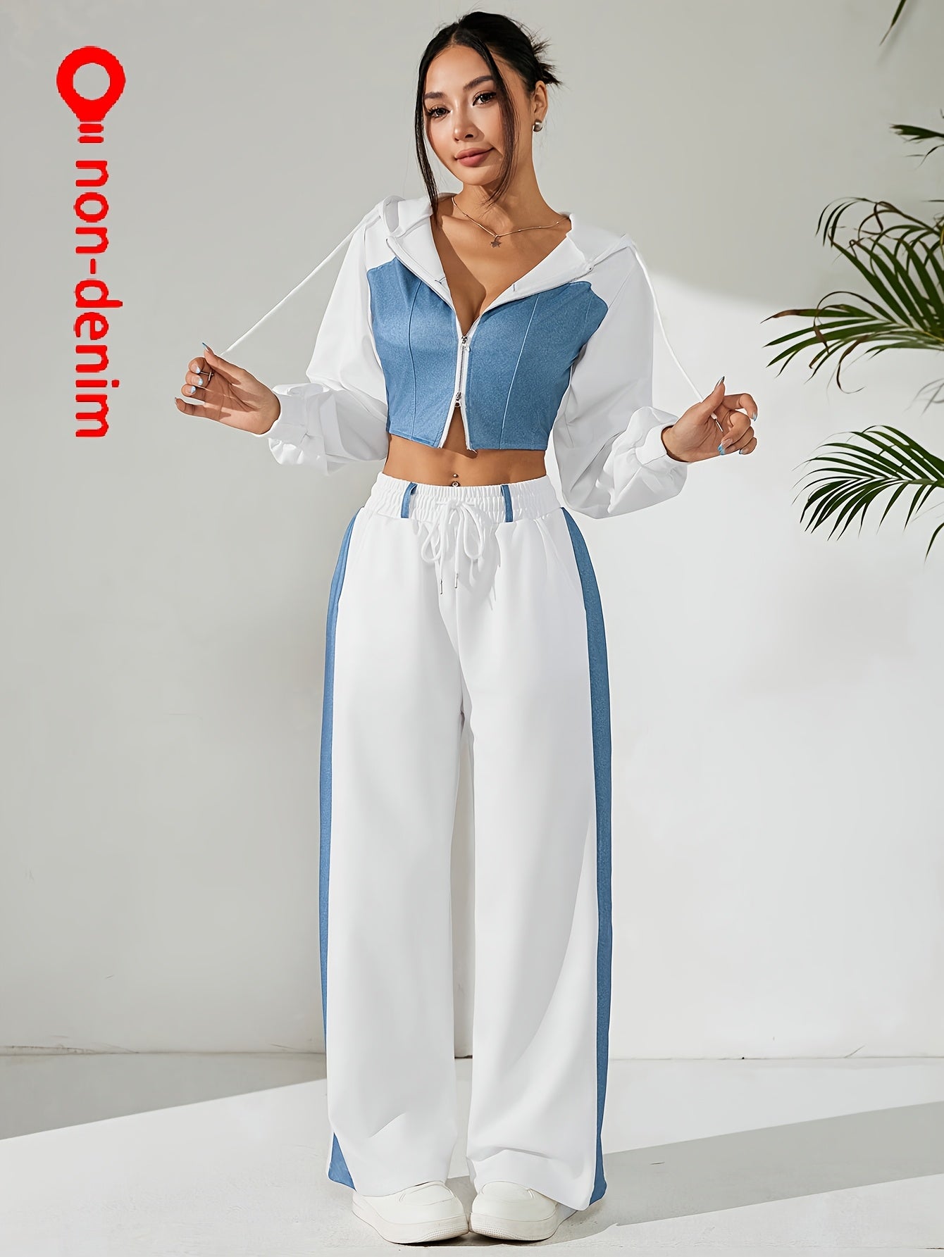 Women'S Stylish Two-Piece Set - Blue & Black Zip-Up Hoodie with Pockets, Long Sleeve Crop Top, and Wide-Leg Pants, Perfect for Spring/Fall, Casual Elegance, Casual Attire|Modern Casualwear|Zippered Hoodie