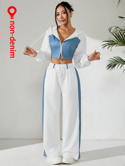 Women'S Stylish Two-Piece Set - Blue & Black Zip-Up Hoodie with Pockets, Long Sleeve Crop Top, and Wide-Leg Pants, Perfect for Spring/Fall, Casual Elegance, Casual Attire|Modern Casualwear|Zippered Hoodie
