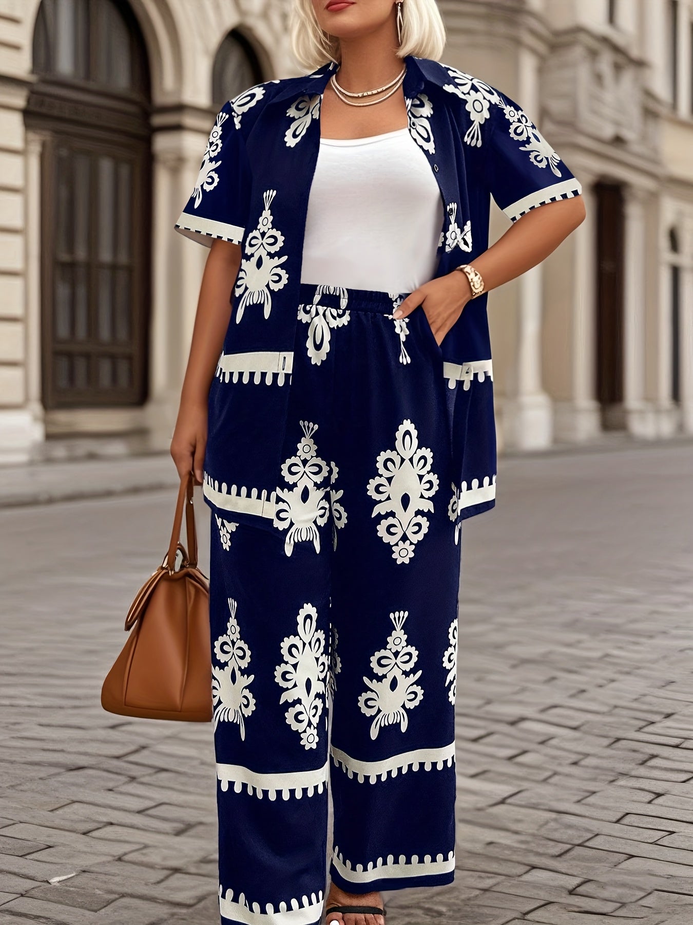 Casual Country Print Pattern Loose Short Sleeve Top and Pants Two-Piece Set Summer Clothes, Elegant Summer Evening Mist