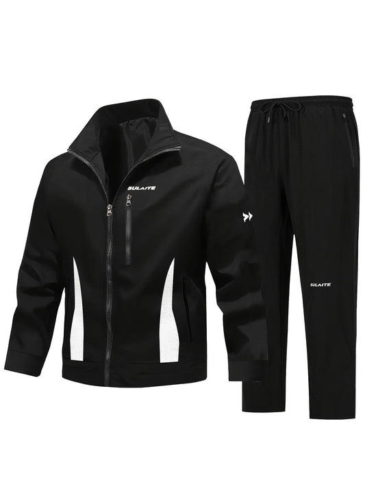 Տղամարդու առօրյա սպորտային հագուստի հավաքածու - սև բաճկոն՝ կայծակաճարմանդով գրպաններով և սպիտակ դետալներով, համապատասխան տաբատ, իդեալական է գարնան և աշնան համար, սպորտային հագուստ | կայծակաճարմանդով բաճկոն | ֆունկցիոնալ գրպաններ