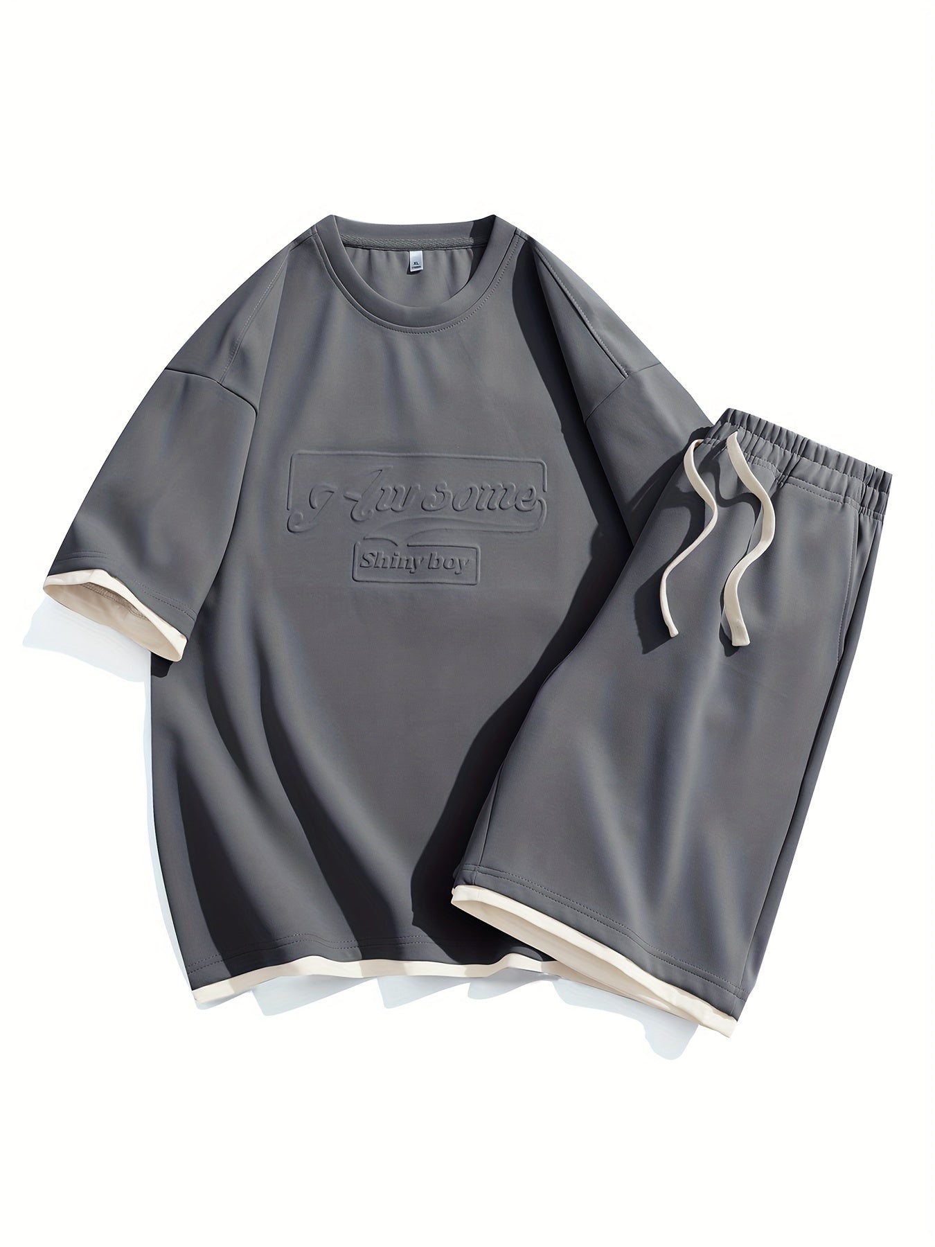 Men's Casual Fashion Sportswear Set - Light Gray "DREAMS" Print T-Shirt & Shorts, 100% Polyester, Machine Washable, Summer Outfit - ayq