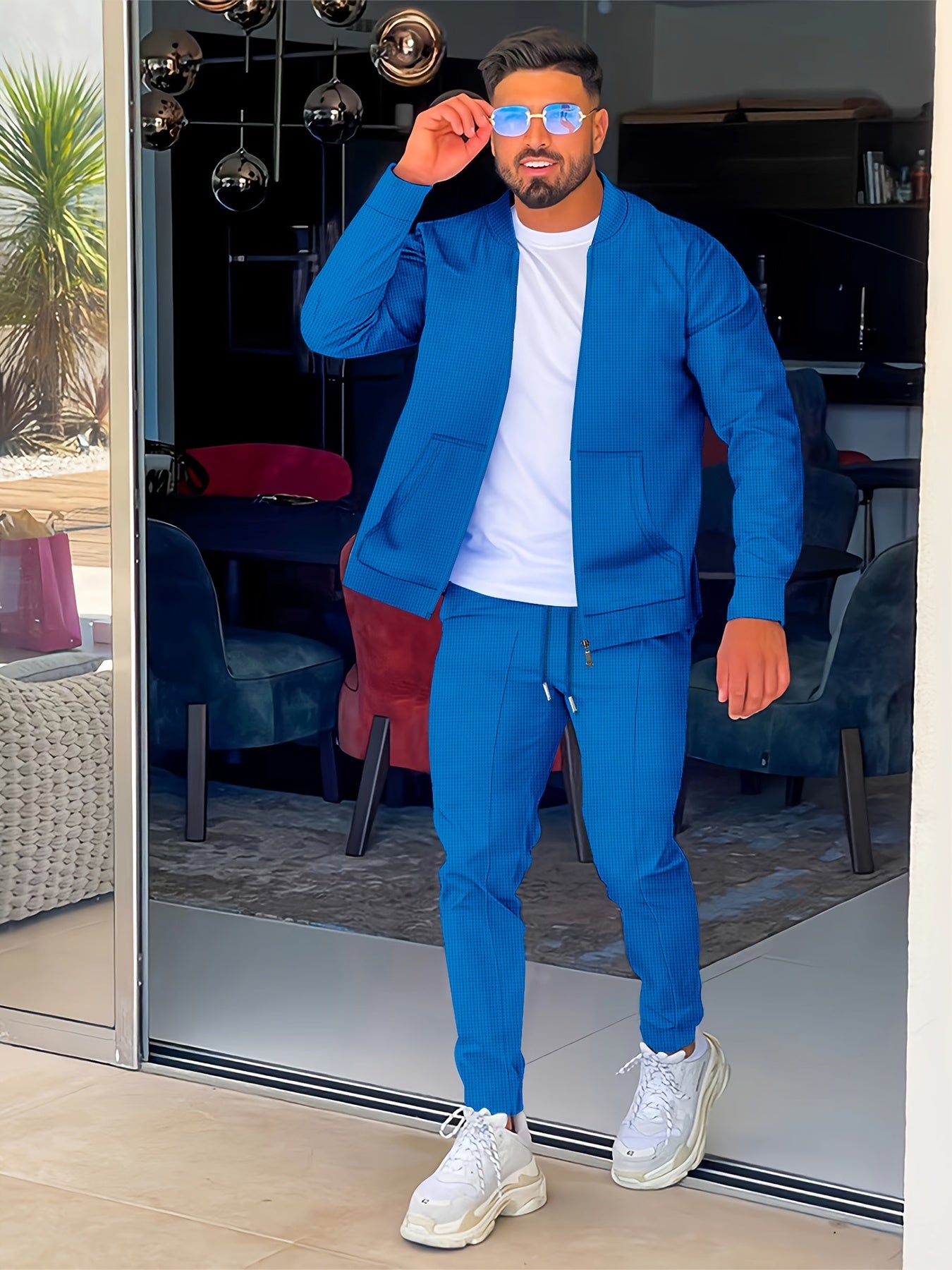 Բեյսբոլի օձիքով բաճկոնի և տաբատի հավաքածու՝ վաֆլի գործվածքից