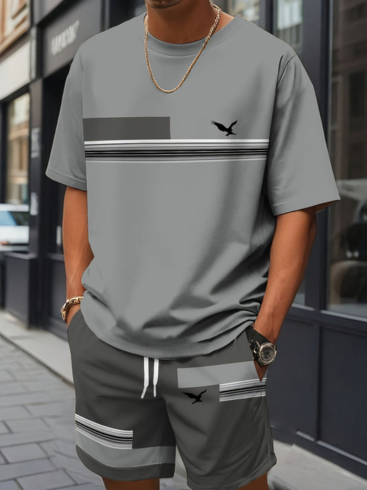 Տղամարդկանց ամառային երկկտոր սպորտային հագուստի հավաքածու - բաց կապույտ մարզաշապիկ կանաչ և սպիտակ շերտերով, համապատասխան շորտեր, իդեալական է ամենօրյա հանգստի, արձակուրդի և սպորտի համար, ամենօրյա սպորտային հագուստ | ազատ ոճի շորտեր | ձգվող գործվածք