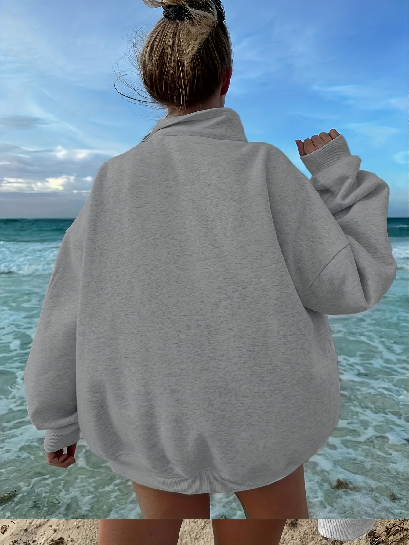 Women's Casual Heather Gray Half-Zip Sweatshirt - Soft Polyester & Elastane Blend, Long Sleeve, Stand Collar, Machine Washable - Perfect for Spring/Fall - ayq