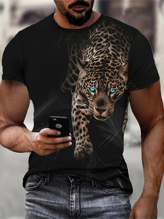 Տղամարդկանց սև բամբակյա շապիկ վառ արտահայտված ընձառյուծի դեմքի պատկերով - կարճ թևերով, կլոր պարանոցով, ամենօրյա կրելու համար, թեթև ամառային վերնաշապիկ մարզասրահի, աշխատանքային հագուստի համար - մեքենայով լվացվող, վառ կենդանական նախշով, հարմարավետ ֆիթով: