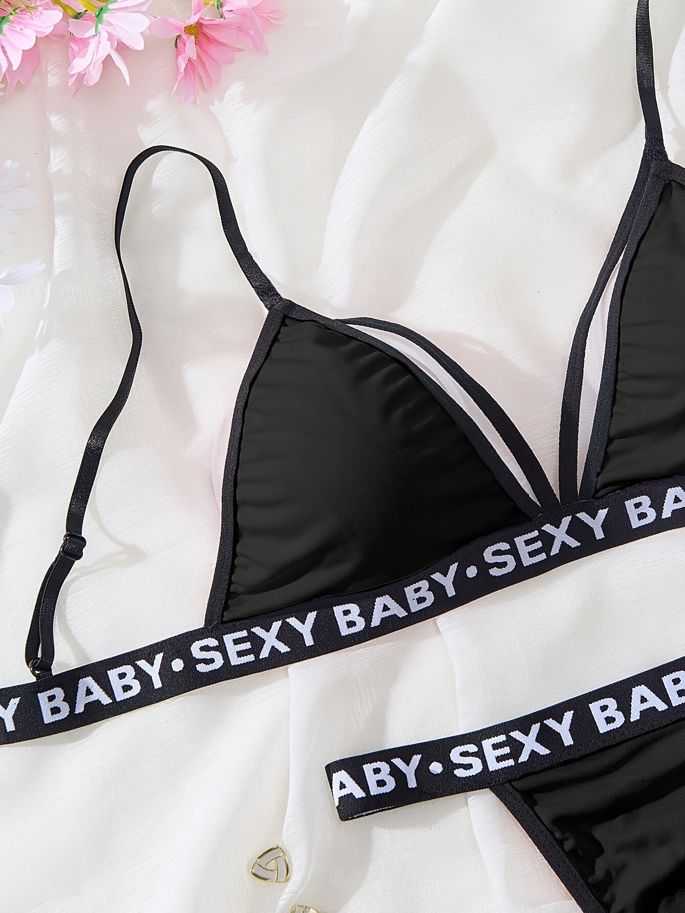 Women's Sexy Backless Lingerie Set, High-Waisted Panties with Alphabet Print, Deep V Strappy Bra, Knit Fabric Underwear for Adults - Ayq