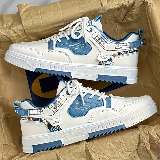 Men's Skate Shoes with Good Grip  Breathable Design - PU Upper, Cushioned PVC Sole, Black/Blue Letter Pattern Lace-Up Sneakers for All-Season Casual  Sports Wear, Allseason Shoes   Modern Casual Shoes   Comfortable Wear