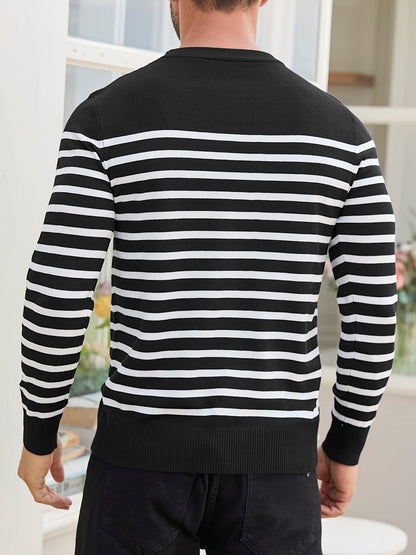 Գարնանային և աշնանային ամենօրյա երկգույն գծավոր տղամարդու սվիտեր-պուլովեր՝ գունավոր բլոկներով, կլոր վզնոցով, տղամարդու տրիկոտաժե վերնաշապիկ