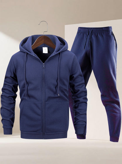 Autumn Winter Men's Hooded Sportswear Set, Simple Classic Versatile Outfit with Zip-Up -Lined Warm Jacket and Drawstring Sweatpants for Casual Leisurewear