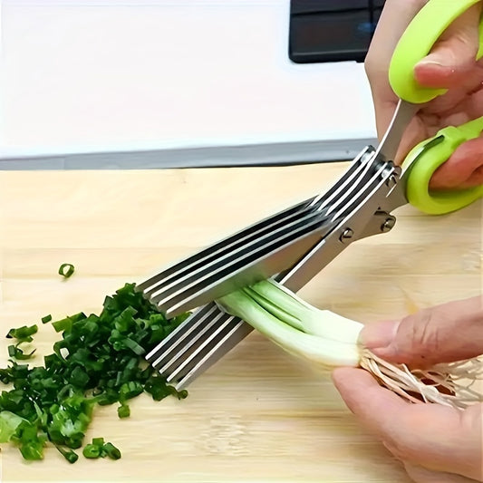 3-Layer Stainless Steel Kitchen Scissors - Versatile Onion & Herb Shredder for BBQ & Indoor Use, Durable with Protective Cover & Built-in Cleaning Agent