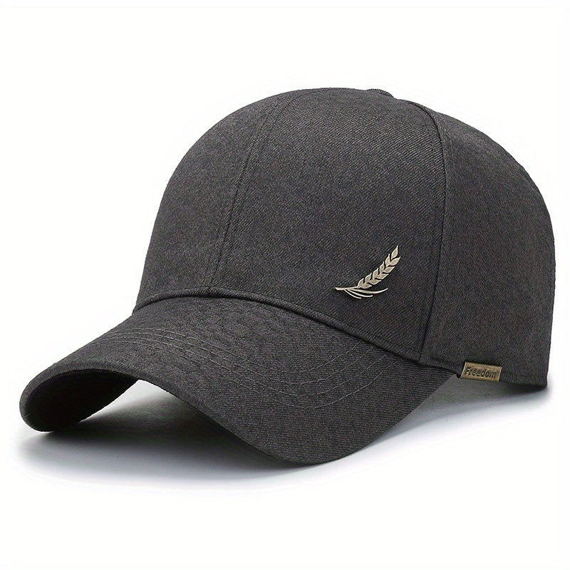 1pc Stylish Baseball Cap with Wheat Logo - 100% Polyester, Mature Look, Ideal for Spring to Fall Travel & Sun Protection - Available in Black, Dark Gray, Brown, Navy Blue, Casual Headwear|Sleek Cap Design|Comfortable Fit Cap