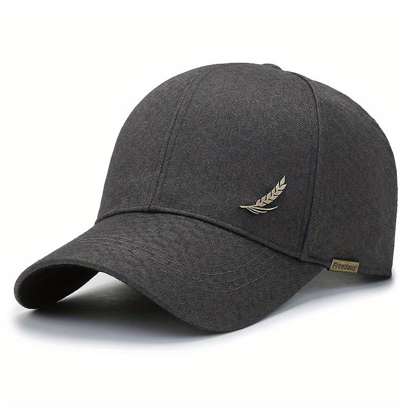 1pc Stylish Baseball Cap with Wheat Logo - 100% Polyester, Mature Look, Ideal for Spring to Fall Travel & Sun Protection - Available in Black, Dark Gray, Brown, Navy Blue, Casual Headwear|Sleek Cap Design|Comfortable Fit Cap