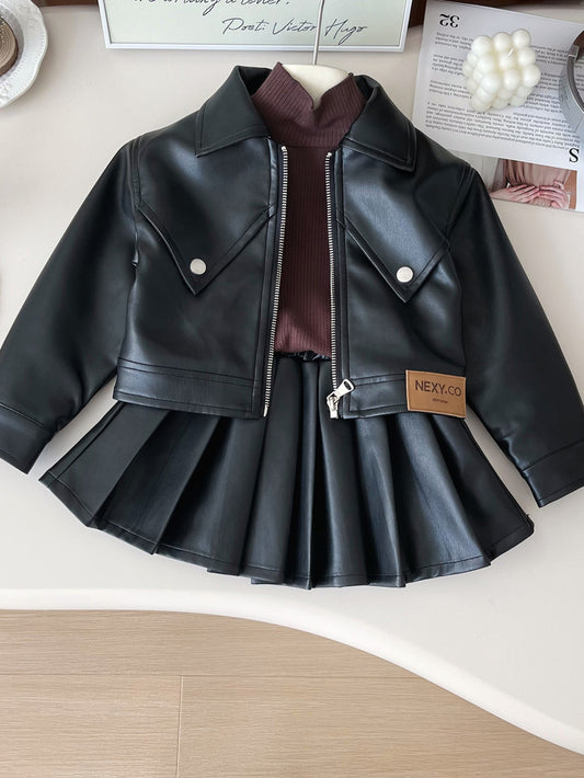 ' Fashion Faux Leather Jacket and Pleated Skirt Set for Ages 12 and Under - 73% Polyurethane, 24% Polyester, 3%, Non-Stretch Woven Fabric, Peplum Top with Flared Hem, Solid Color, Suitable for Spring/Fall - Ayq