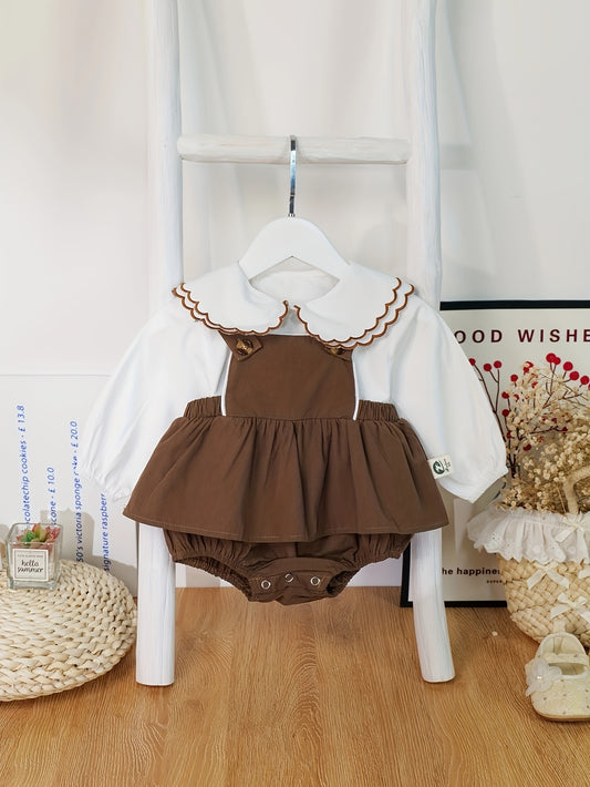 Spring and Autumn New Infant and Toddler Diaper Cover-up Princess Sweet Style Baby Collar Strap Crawl Suit Skirt Baby Girl Lace Long Sleeve Shirt Two-piece Set Ha Skirt - Ayq