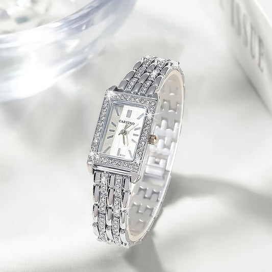 Elegant Cartier-Inspired Zinc Alloy Bracelet Watch with Sparkling Rhinestones - Rectangular Face, Quartz Movement, Non, Perfect for Daily Wear, Parties, Birthdays, and Festive Gifts, Festive Accessory | Elegant Bracelet | Qua