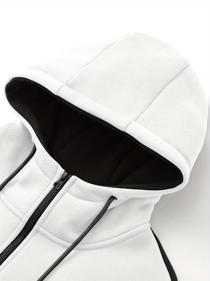 Տղամարդու առօրյա վերնաշապիկի հավաքածու՝ աշնանային և ձմեռային համար, որը ներառում է գլխարկով սվիտեր և սպորտային կարդիգան՝ պատչվորք դիզայնով։