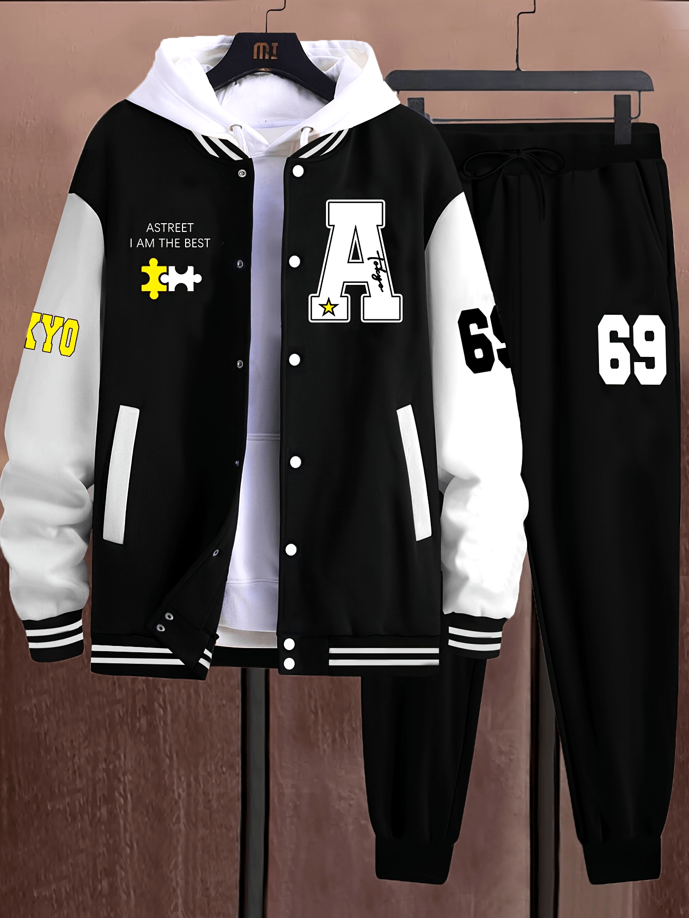 Սպորտային հագուստի անհրաժեշտ հավաքածու, տղամարդու առօրյա 69 հատանոց հավաքածու՝ գունային բլոկներով համալսարանական բաճկոն և A-69 նախշով մարզական տաբատ - պոլիեսթեր, բեյսբոլի օձիք, գրպաններ - իդեալական է աշուն/ձմեռ սեզոնի համար