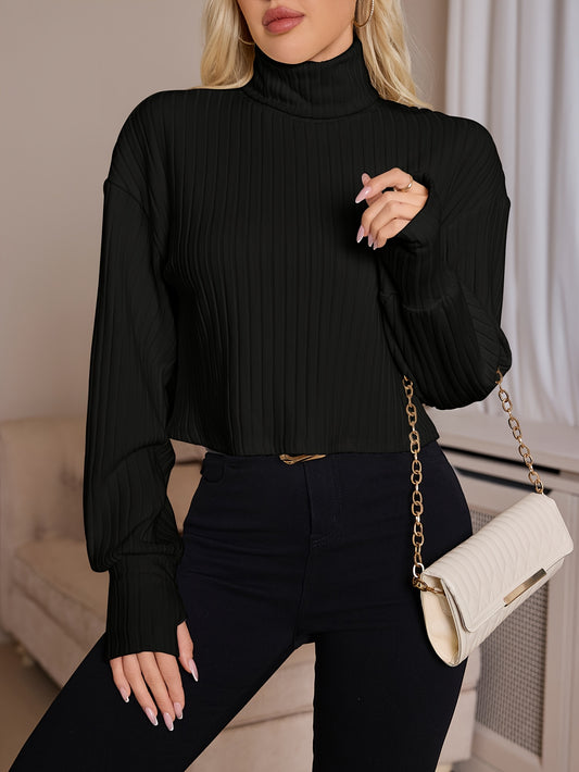 Women'S High Neck Knit Turtleneck T-Shirt, Solid Color Polyester 95% Spandex 5% Blend, Short Length, Fall/Winter Collection, 210g/m² Knit Fabric - ayq