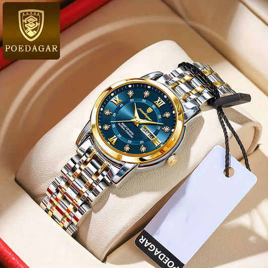 POEDAGAR Elegant Stainless Steel Quartz Watch for Women, Luminous Calendar, Round Alloy Case, Trendy Korean Style, Non-Rechargeable Battery, Watch Accessories